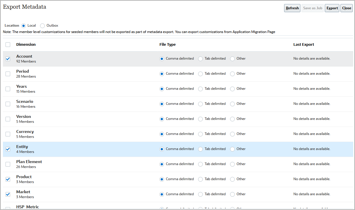 Export dimensions